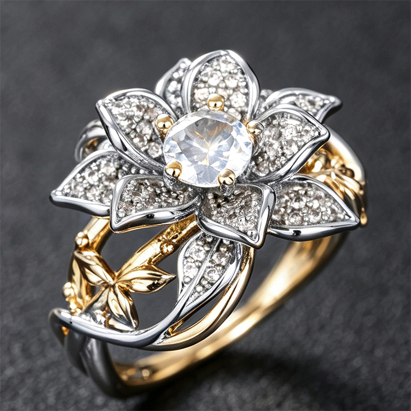 Women's Elegant Retro Inlay Zirconia Two-Tone Lotus Ring